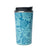 Western Trail Brew Stainless Steel Mug in Turquoise. Blue floral-patterned travel mug with black lid on a white background