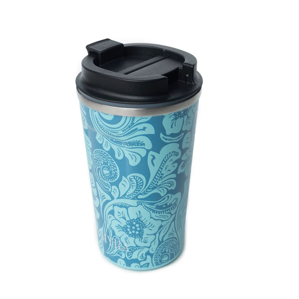 Western Trail Brew Stainless Steel Mug in Turquoise. Blue patterned tumbler with a black lid on a white background