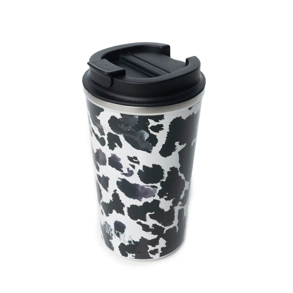 Western Trail Brew Stainless Steel Mug in Black Leopard Print. Travel mug with black and white pattern on a white background