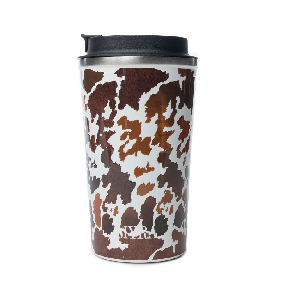 Western Trail Brew Stainless Steel Mug in Brown Leapard Print. Travel mug with cow print design on a white background