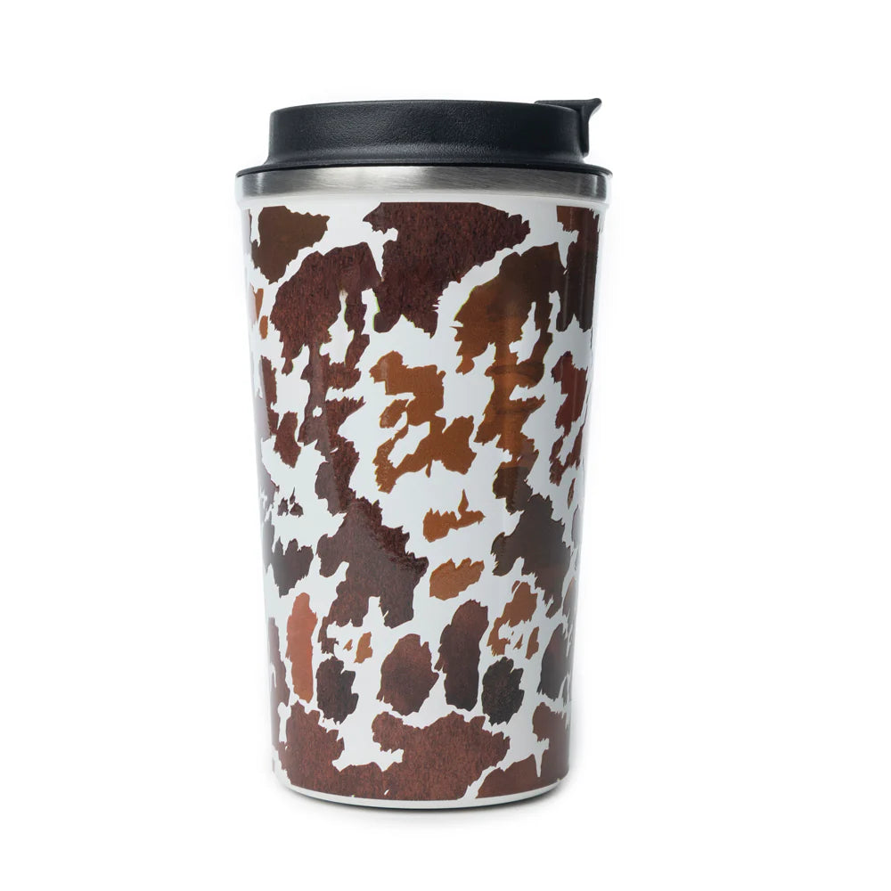 Western Trail Brew Stainless Steel Mug in Brown Leapard Print. Travel mug with cow print design on a white background