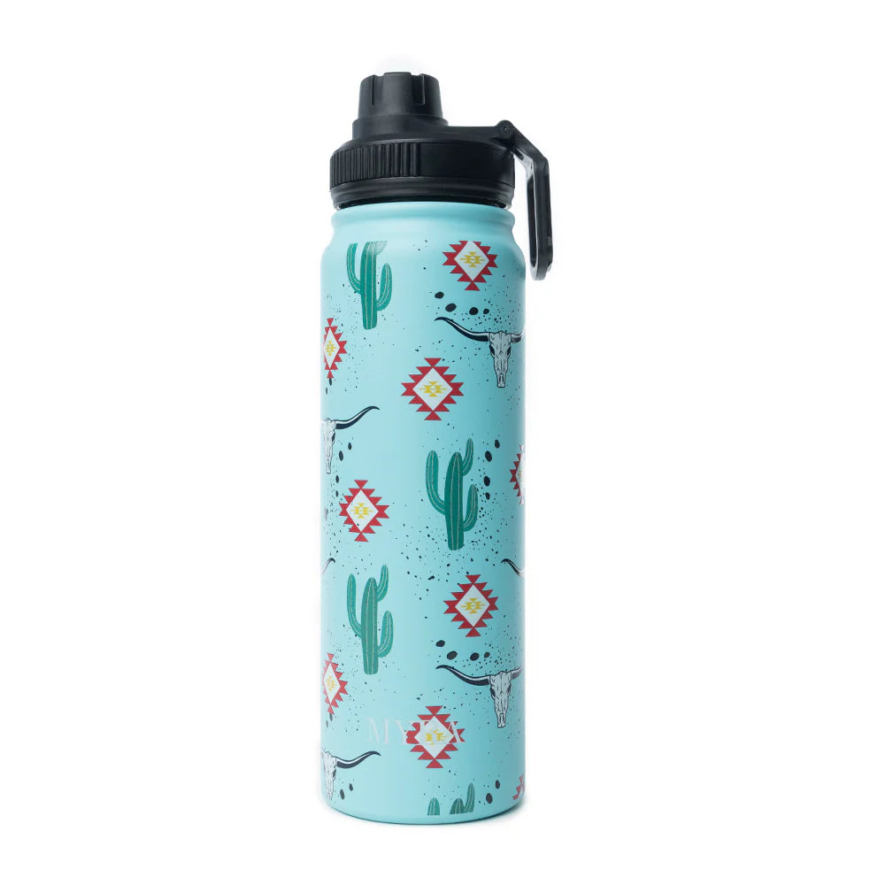 Moo & Bloom Stainless Steel Water Bottle in Cactus Geometry. Water bottle with cactus and longhorn design on a light blue background