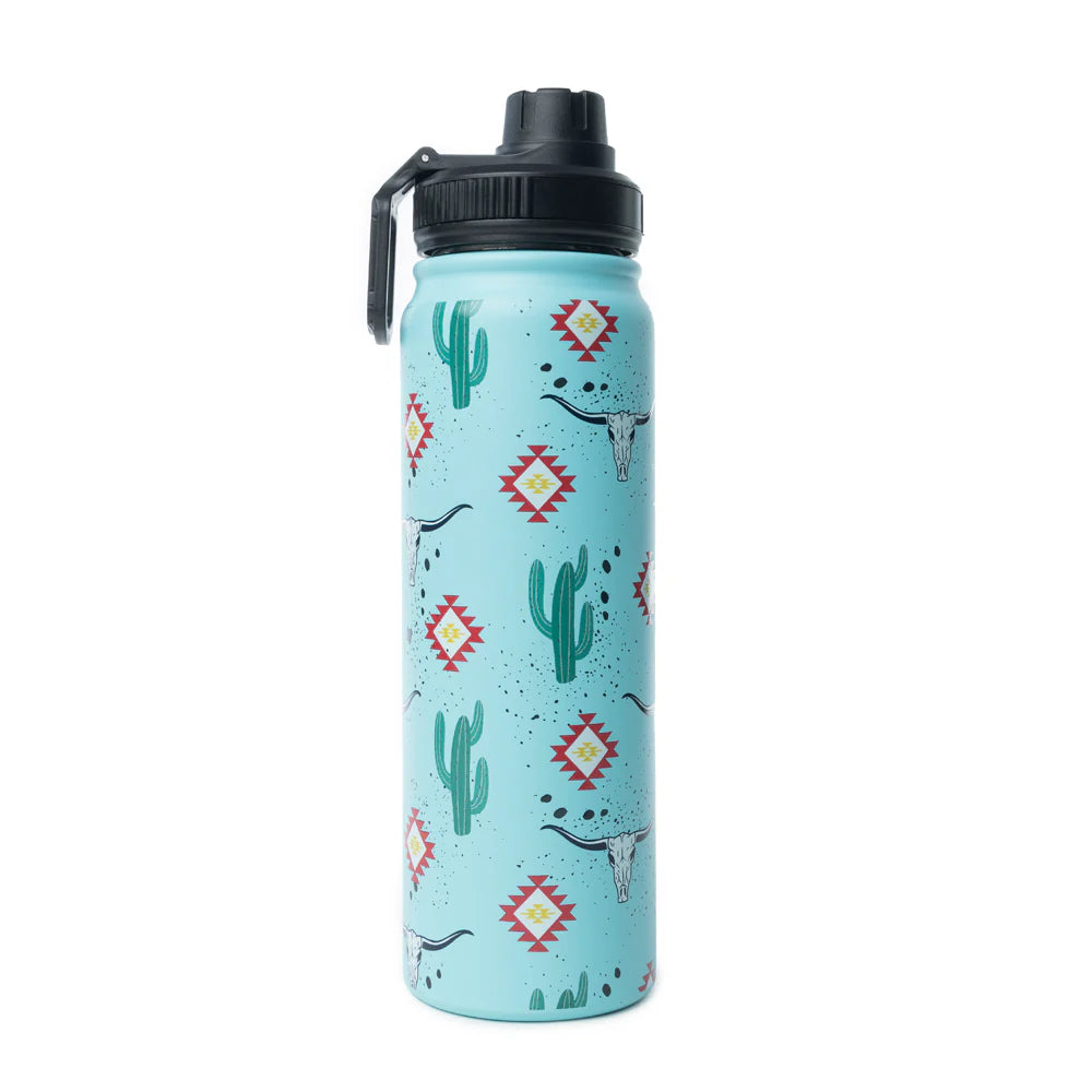 Moo & Bloom Stainless Steel Water Bottle in Cactus Geometry. Water bottle with cactus and longhorn design on a light blue background