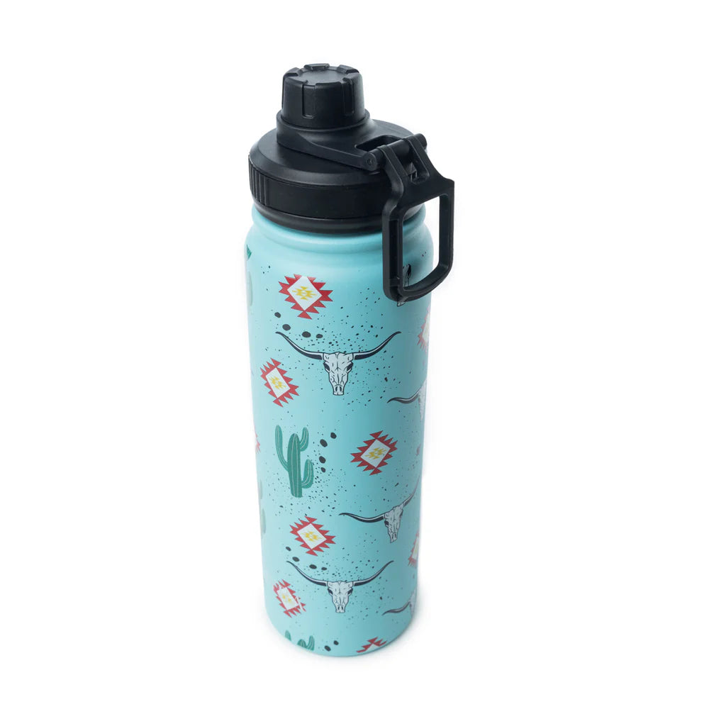 Moo & Bloom Stainless Steel Water Bottle in Cactus Geometry. Blue water bottle with desert-themed design on a white background