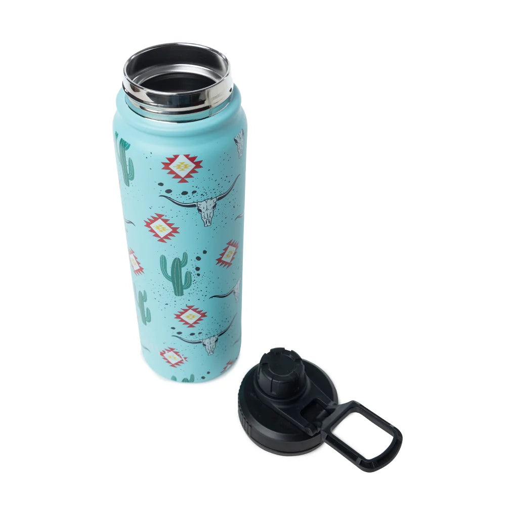 Moo & Bloom Stainless Steel Water Bottle in Cactus Geometry. Tall turquoise water bottle with cactus and southwest pattern on a white background