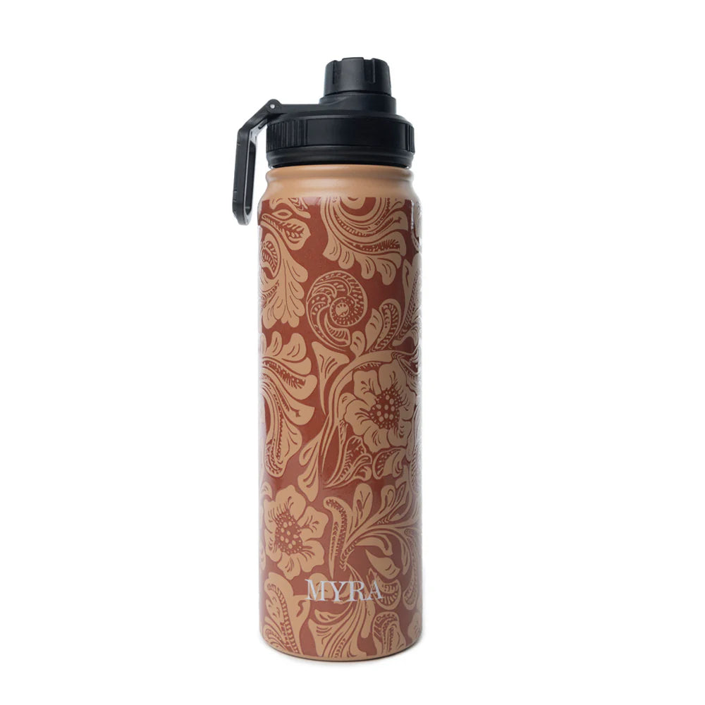 Moo & Bloom Stainless Steel Water Bottle in Brown Baroque. Brown floral-patterned water bottle with black cap on a white background