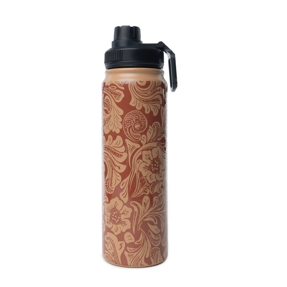 Moo & Bloom Stainless Steel Water Bottle in Brown Baroque. Brown floral-patterned water bottle with black cap on a white background