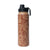 Moo & Bloom Stainless Steel Water Bottle in Brown Baroque. Brown floral-patterned water bottle with black cap on a white background