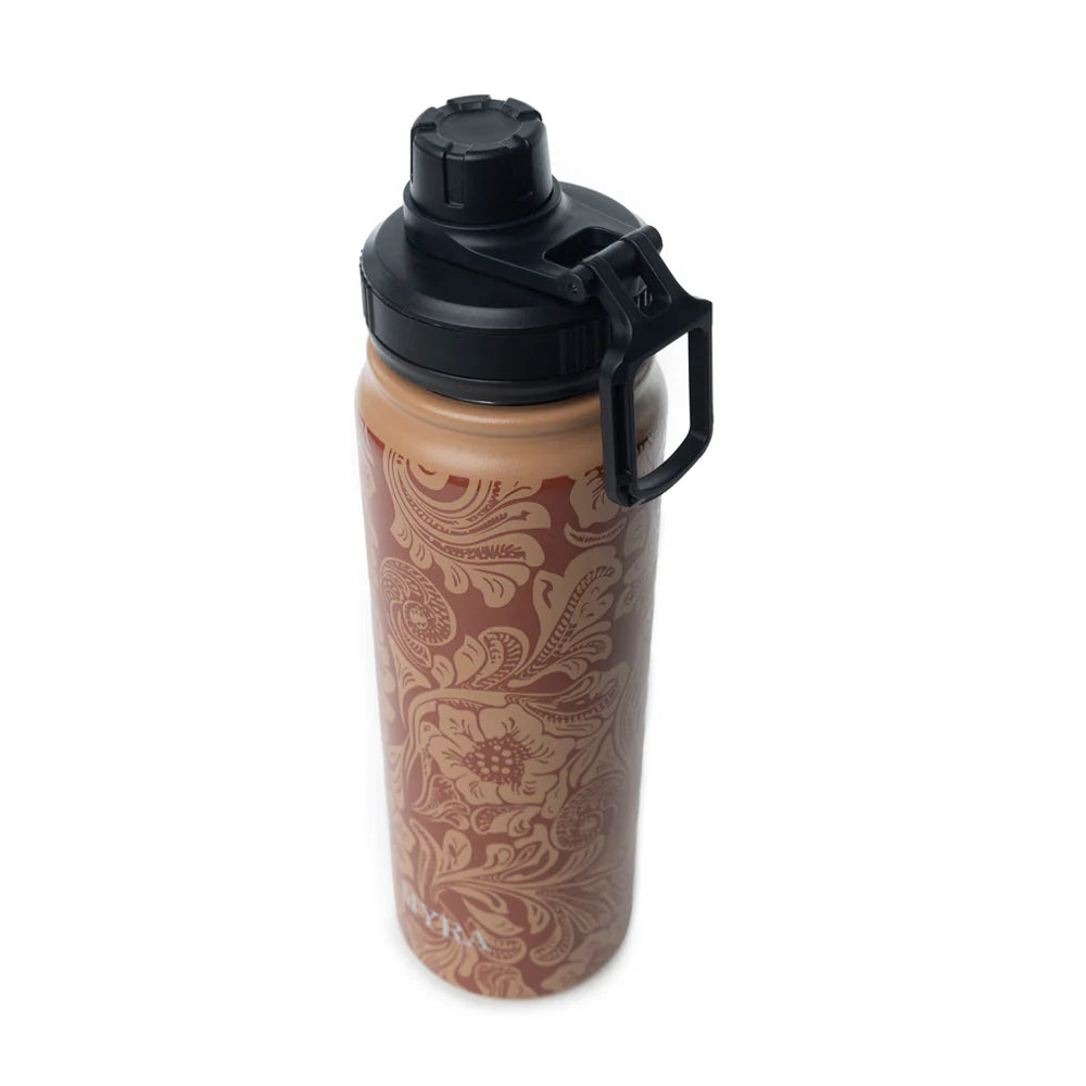 Moo & Bloom Stainless Steel Water Bottle in Brown Baroque. Brown patterned water bottle with black cap on a white background