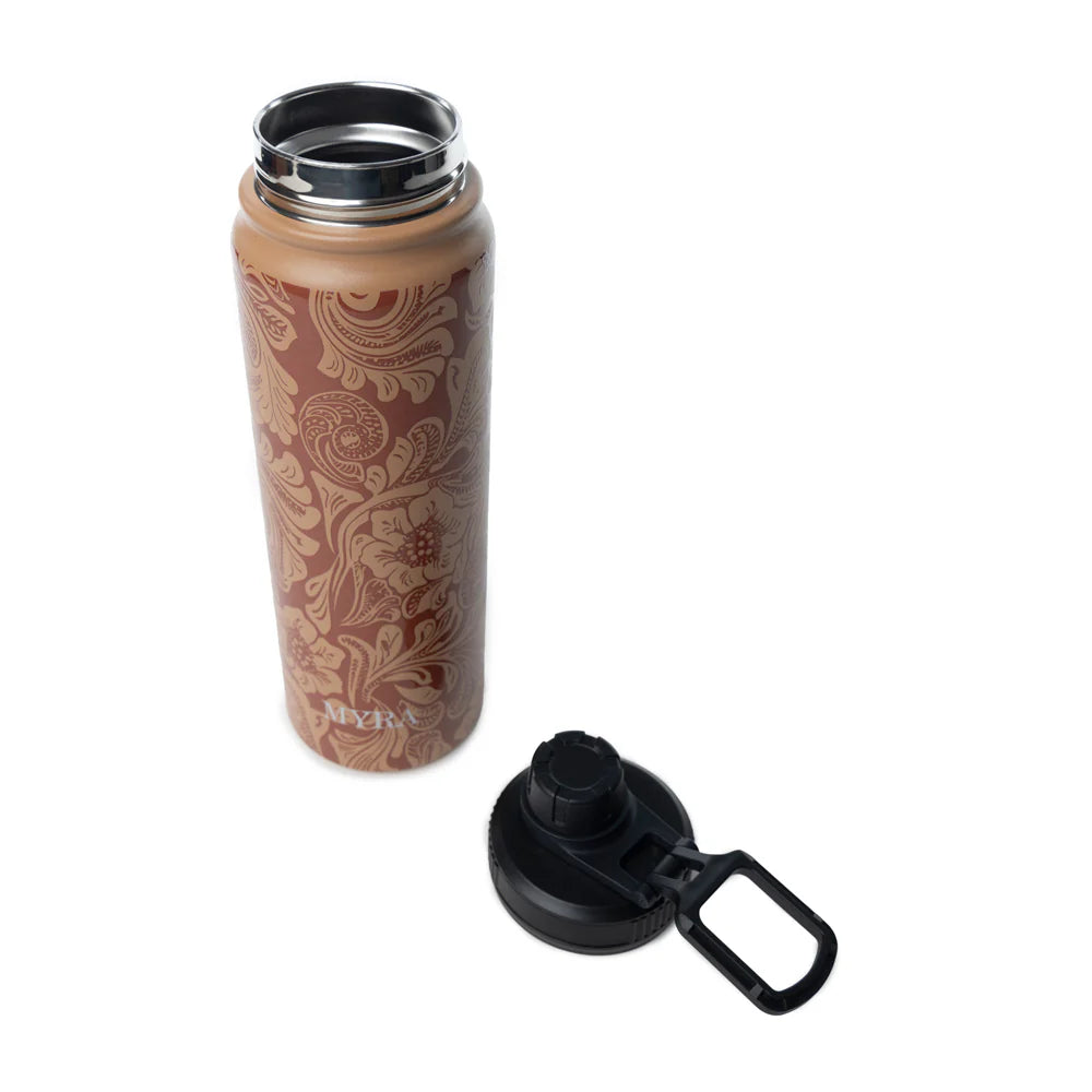 Moo & Bloom Stainless Steel Water Bottle in Brown Baroque. Brown patterned water bottle with black cap on a white background