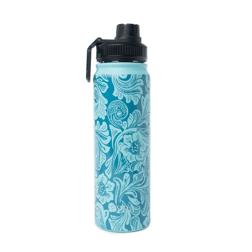 Moo & Bloom Stainless Steel Water Bottle in Turquoise. Teal water bottle with floral pattern on a white background