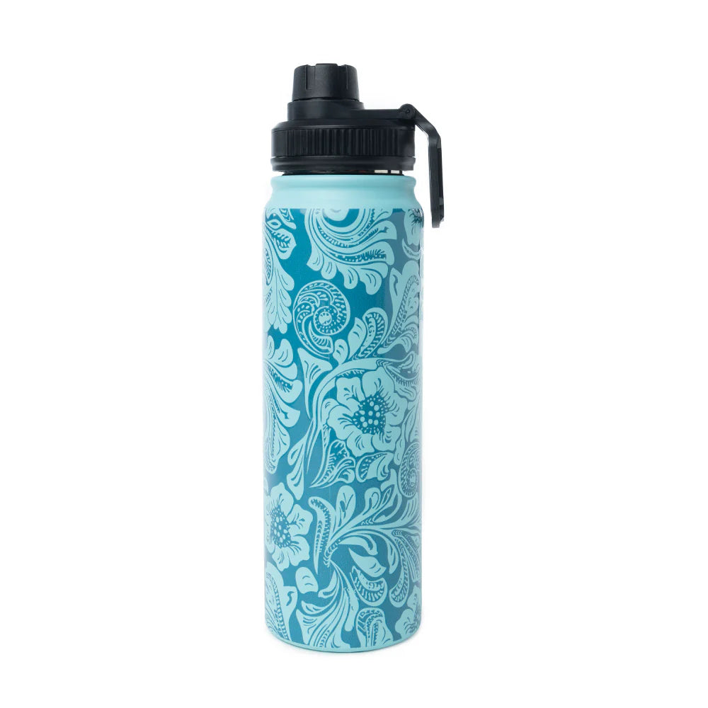 Moo & Bloom Stainless Steel Water Bottle in Turquoise. Teal water bottle with floral pattern on a white background