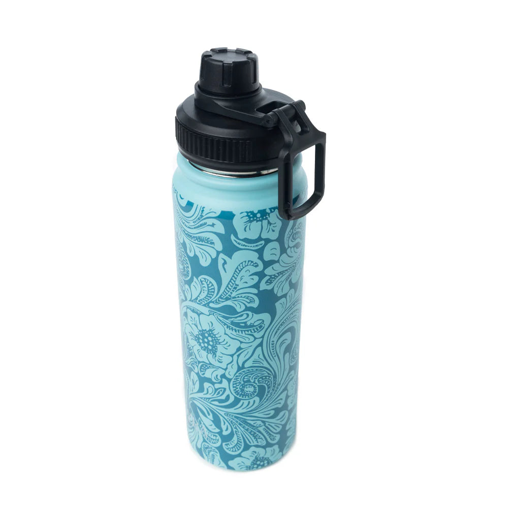 Moo & Bloom Stainless Steel Water Bottle in Turquoise. Blue floral-patterned water bottle with black lid on a white background