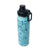 Moo & Bloom Stainless Steel Water Bottle in Turquoise. Blue floral-patterned water bottle with black lid on a white background