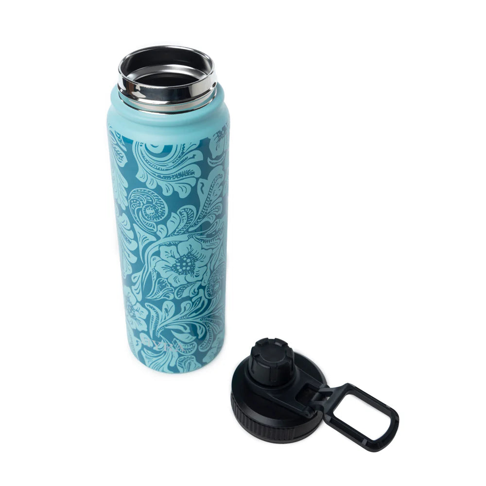 Moo & Bloom Stainless Steel Water Bottle in Turquoise. Blue patterned water bottle with black cap on a white background