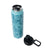 Moo & Bloom Stainless Steel Water Bottle in Turquoise. Blue patterned water bottle with black cap on a white background