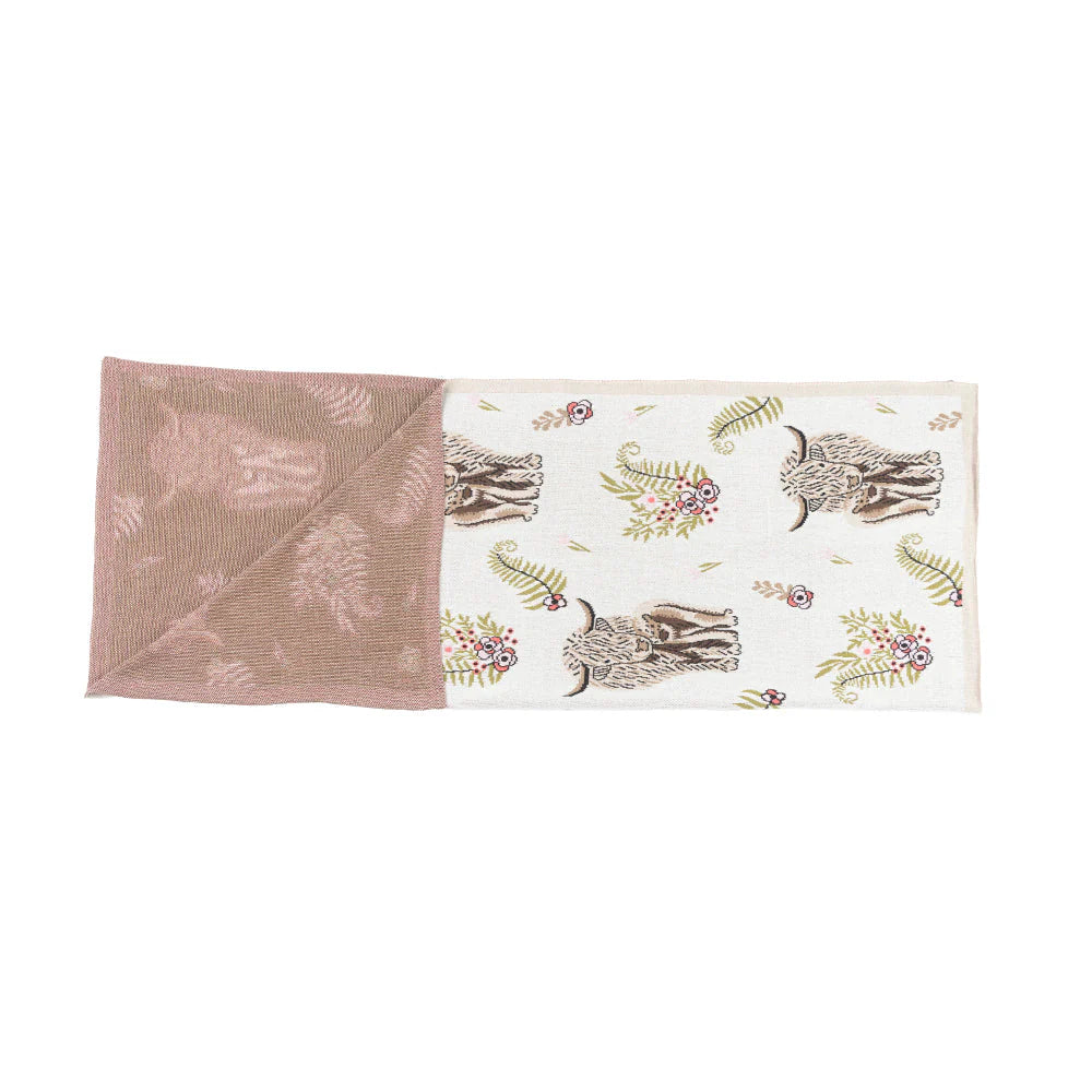Two baby blankets, one pink with wavy pattern and the other white with animal and floral design, on a white background.