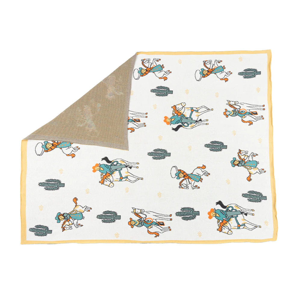 Baby blanket with cartoon character pattern on a white background