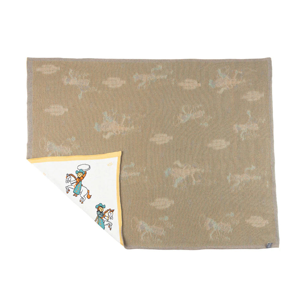 Brown blanket with horse and rider pattern on a white background