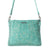 Texas Rose Western Embroidered Leather Bag in Turquoise. Teal handbag with floral patterns and studded details on a white background