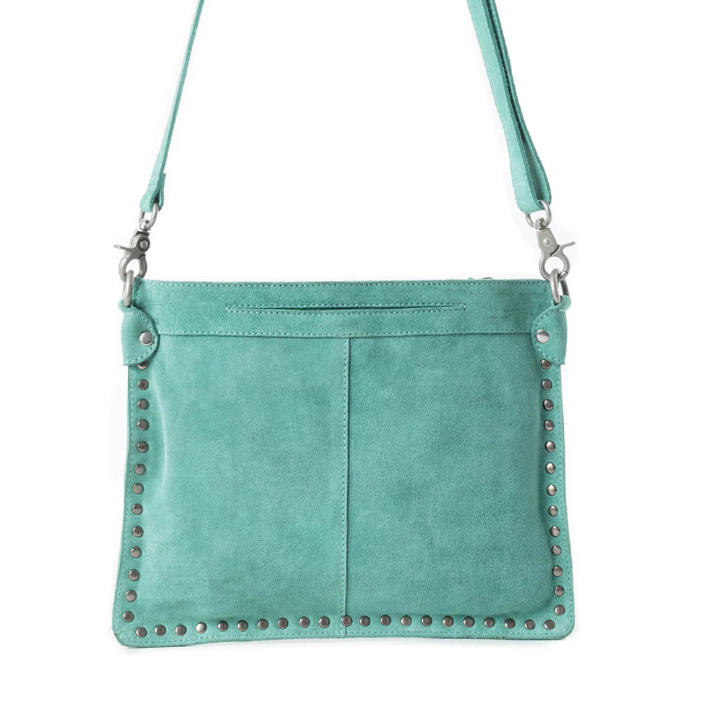 Texas Rose Western Embroidered Leather Bag in Turquoise. Turquoise crossbody bag with stud details on a white background