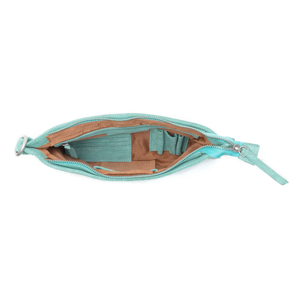 Texas Rose Western Embroidered Leather Bag in Turquoise. Turquoise pouch with a zipper on a white background