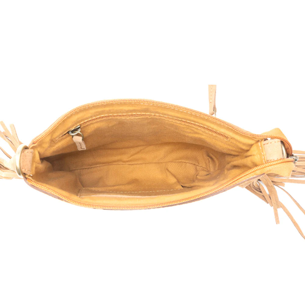 Sonora Charm Handtooled Bag in Brown & White. Open tan leather handbag with tassels on a white background