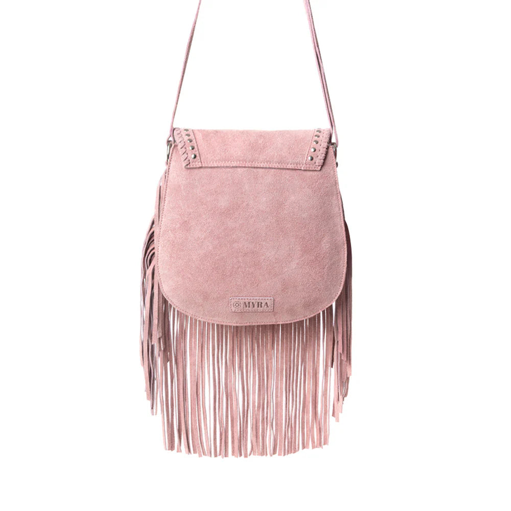 Pink suede handbag with fringes on a white background