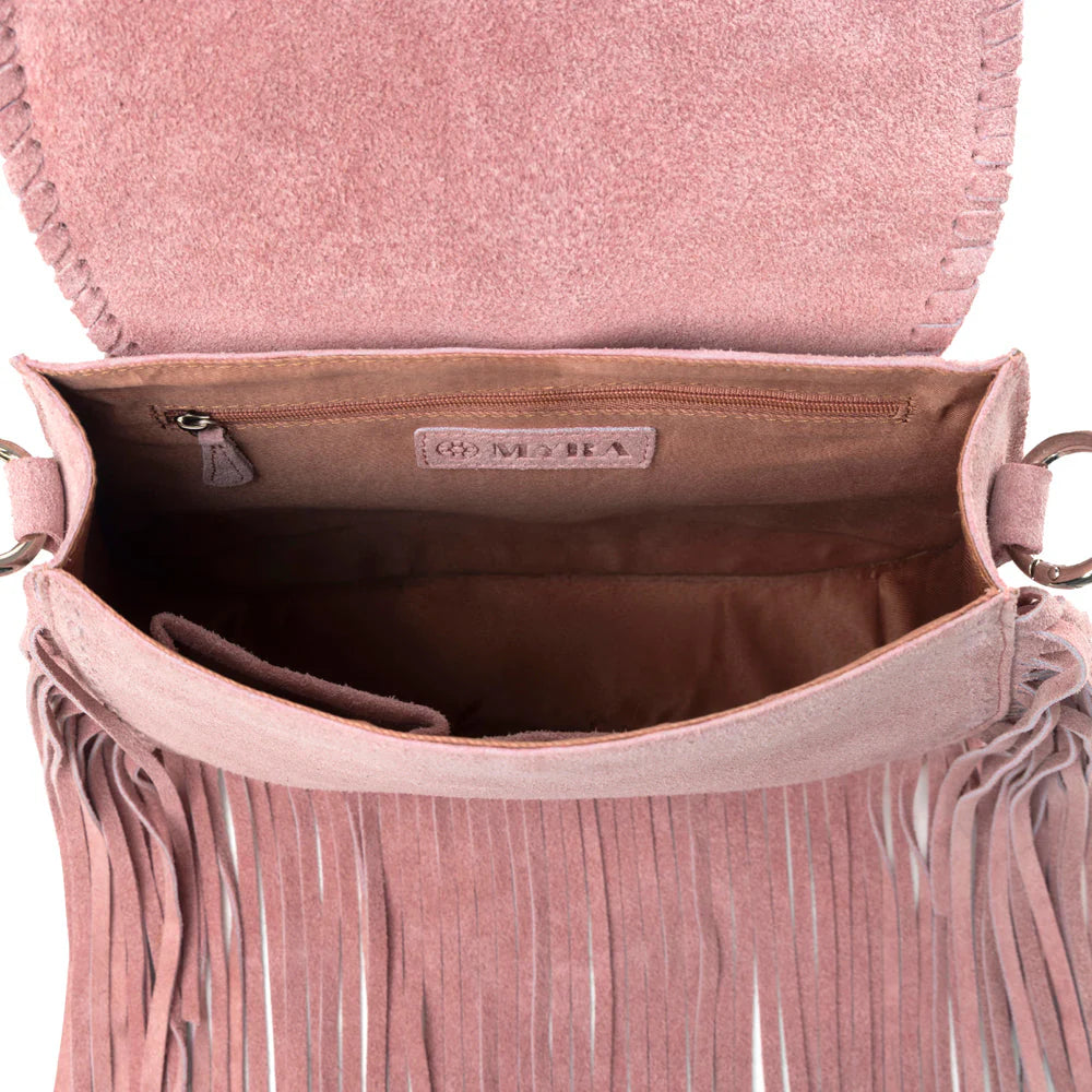 Pink suede handbag with fringe details and 'Gianfranco' brand label on a white background