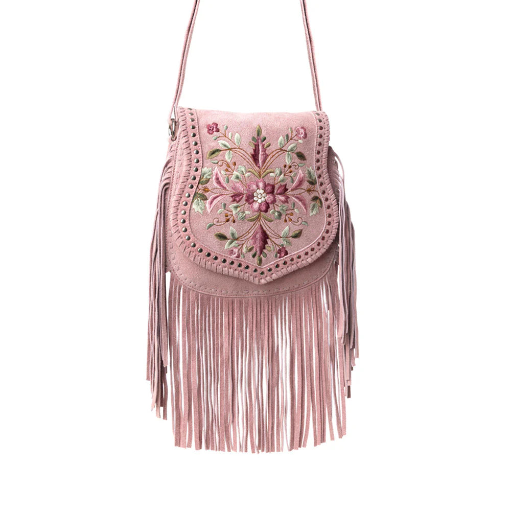 Pink fringe bag with floral embroidery on a white background