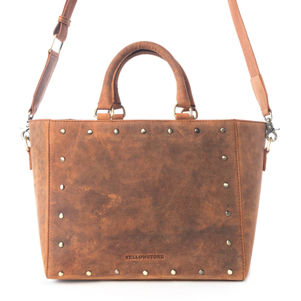 Yellowstone Valley Soul Studded & Embossed Tote Leather Bag in Amber. Brown leather handbag with studs on a white background