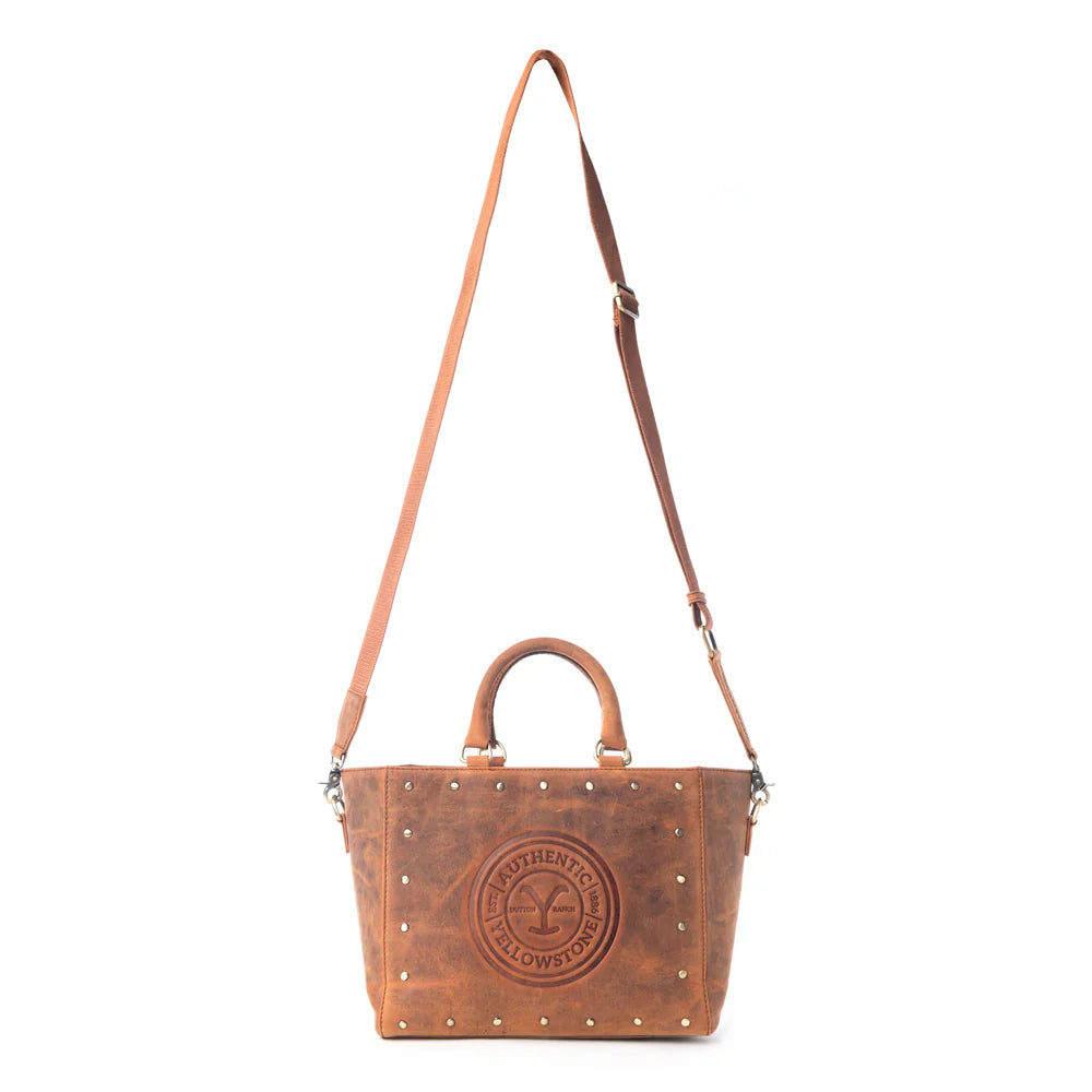 Yellowstone Valley Soul Studded & Embossed Tote Leather Bag in Amber. Brown leather handbag with studded details on a white background