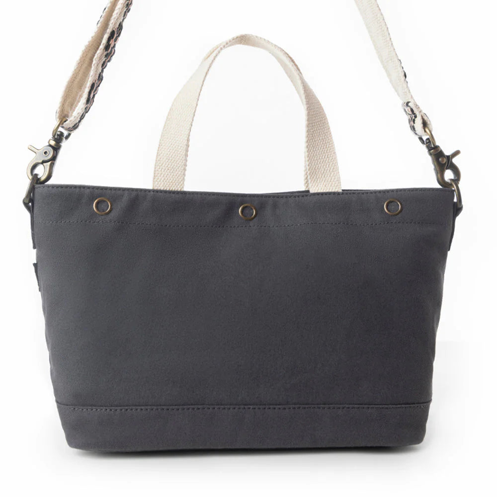 Gray handbag with a white strap on a white background