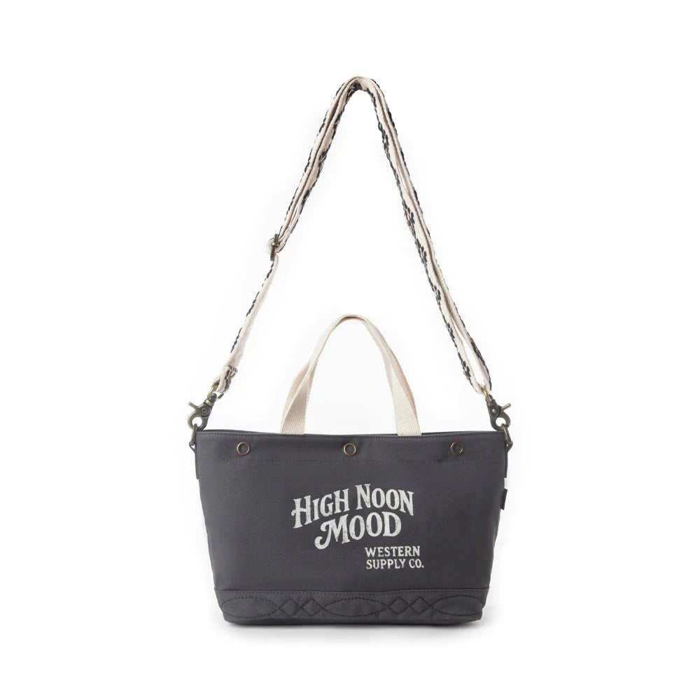 Black tote bag with 'High Noon Mood' text on a white background
