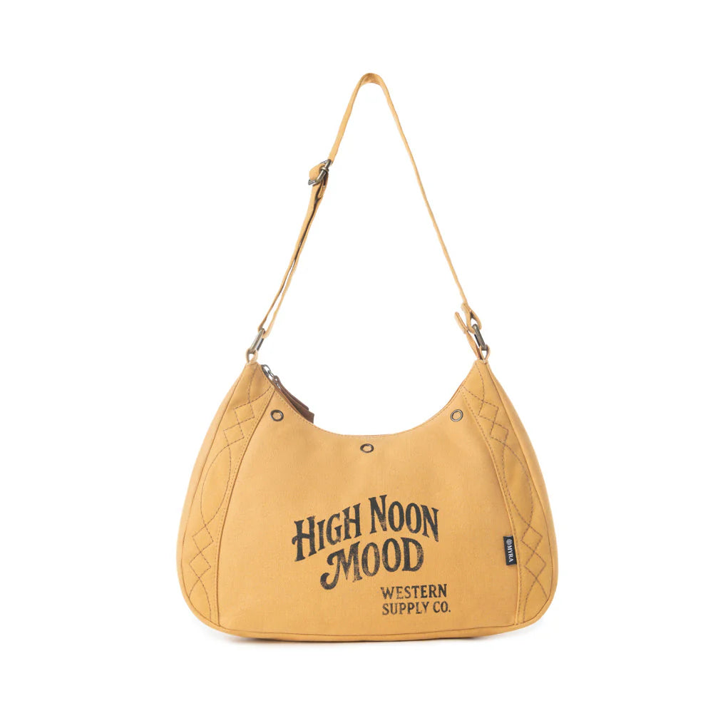 Yellow handbag with 'High Noon Mood' text on a white background