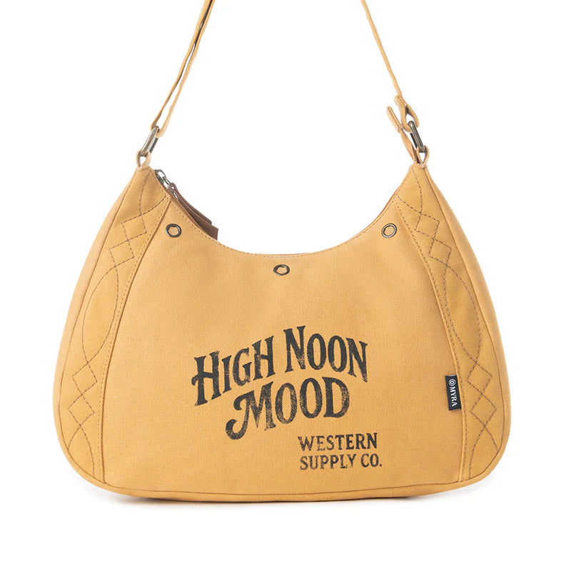 Beige handbag with 'High Noon Mood' text on a white background
