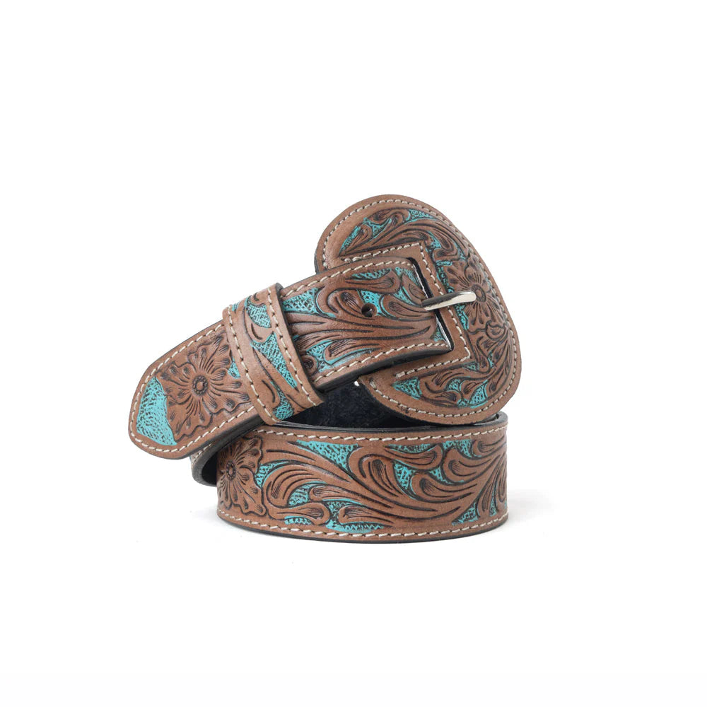 Brown leather belt with turquoise stitching on a white background