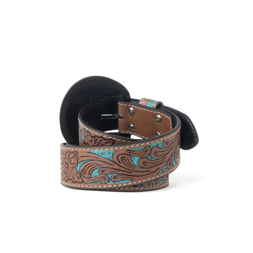 Brown leather belt with turquoise embroidery on a white background