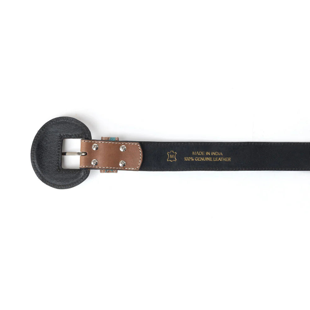 Black leather belt with brown buckle on a white background