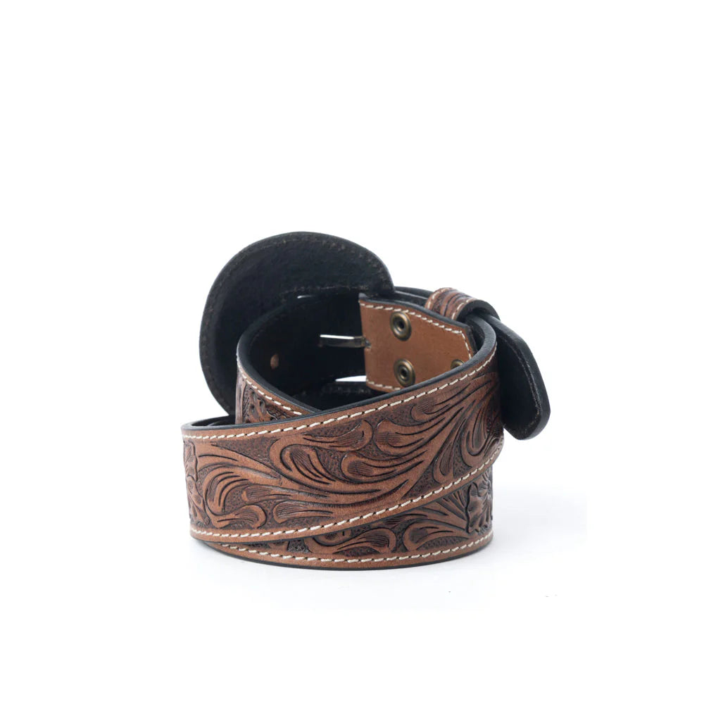 Brown leather belt with intricate patterns on a white background