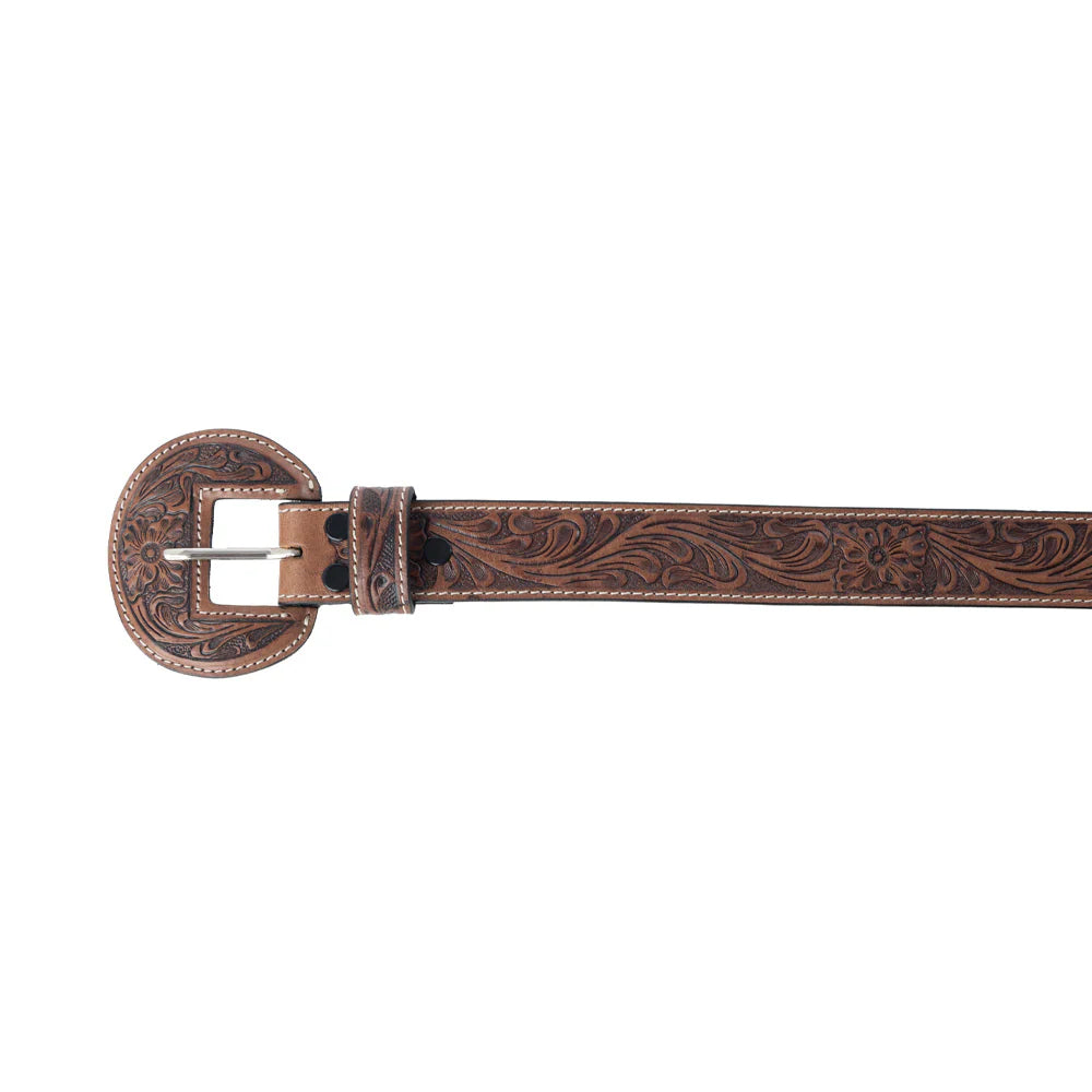 Brown leather belt with intricate design and buckle on a white background