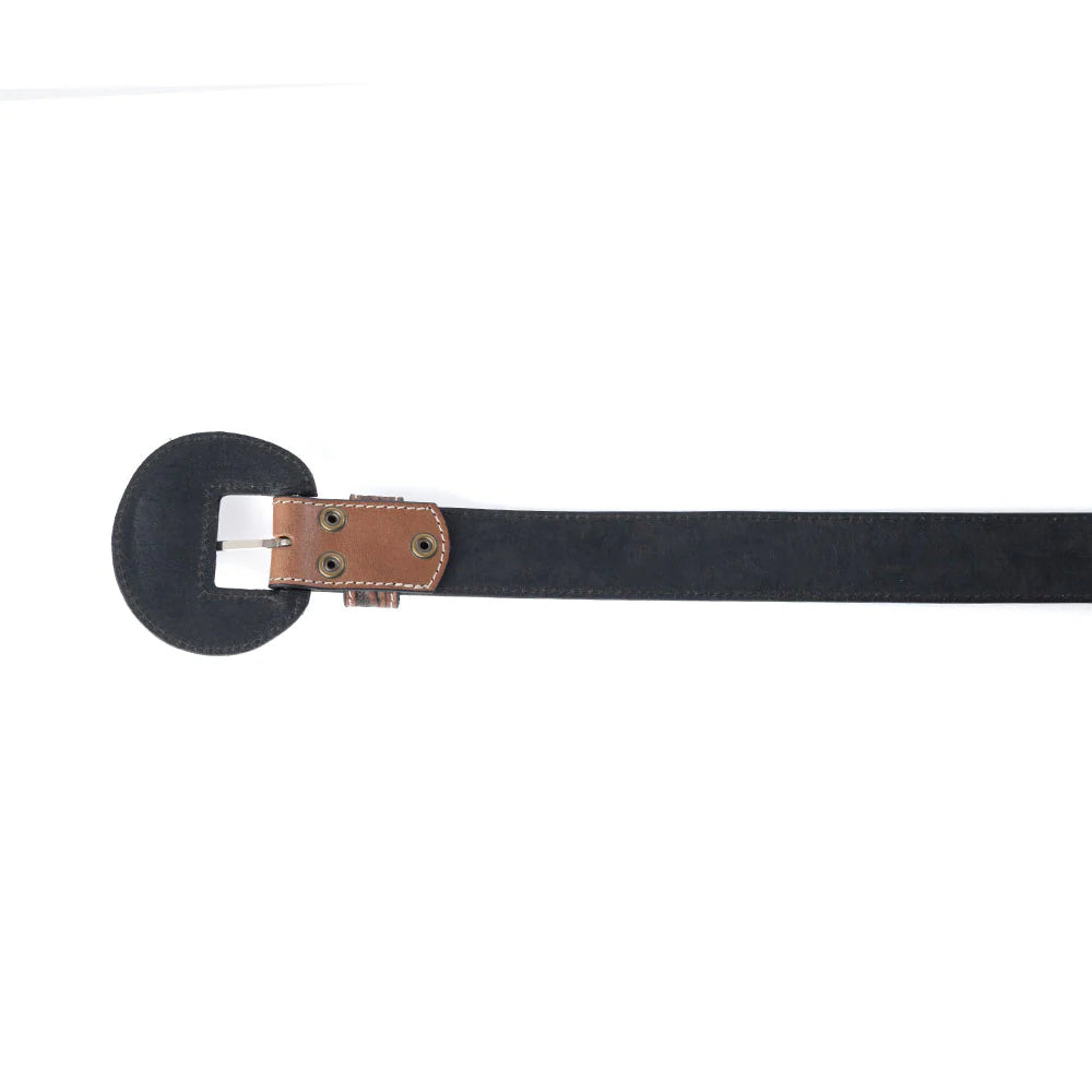 Black belt with a silver buckle on a white background