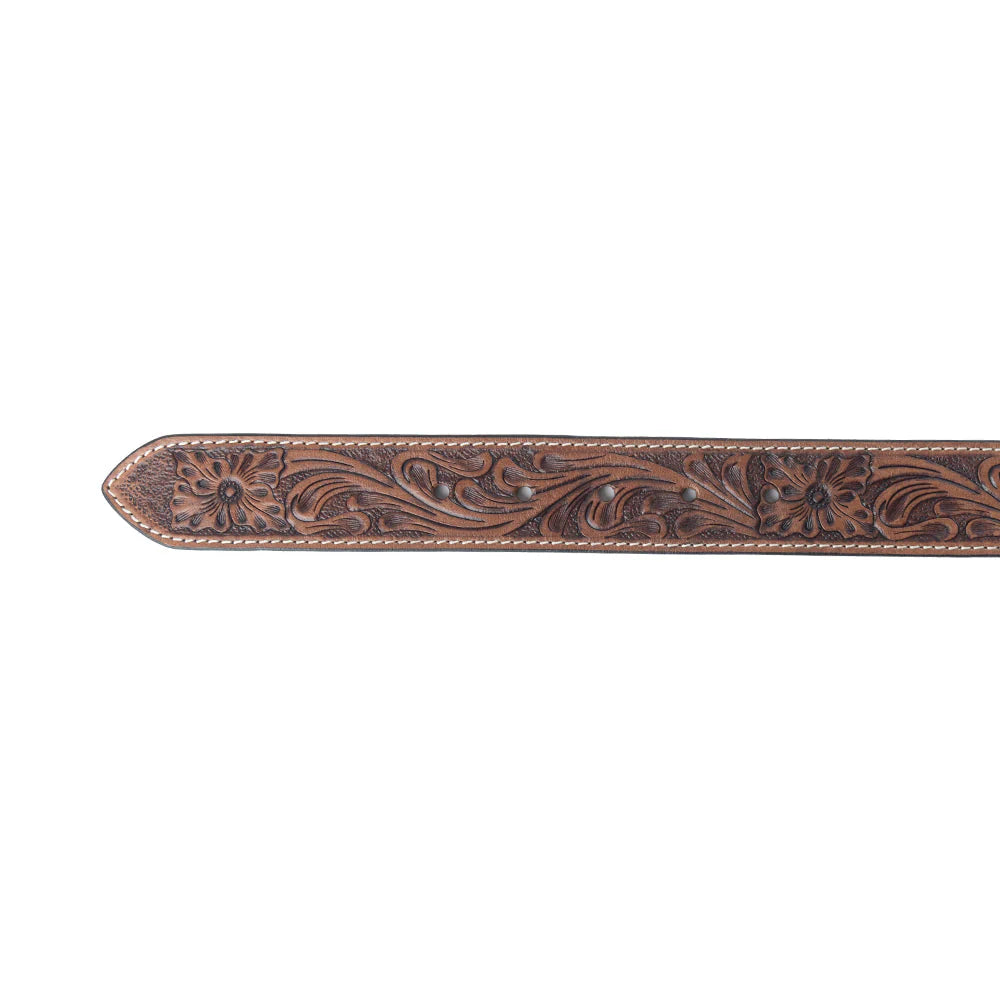 Decorative brown leather belt with intricate patterns on a white background