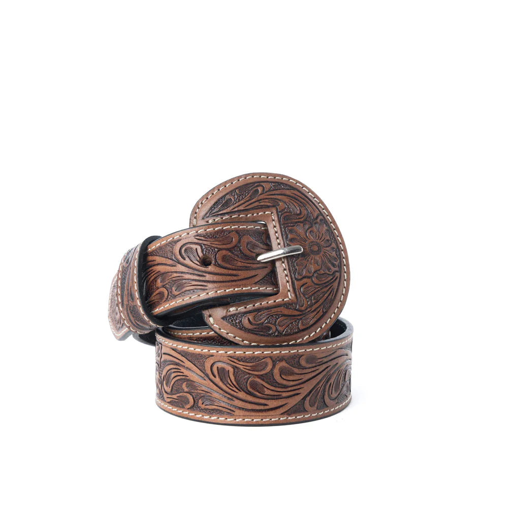 Brown leather belt with intricate designs on a white background