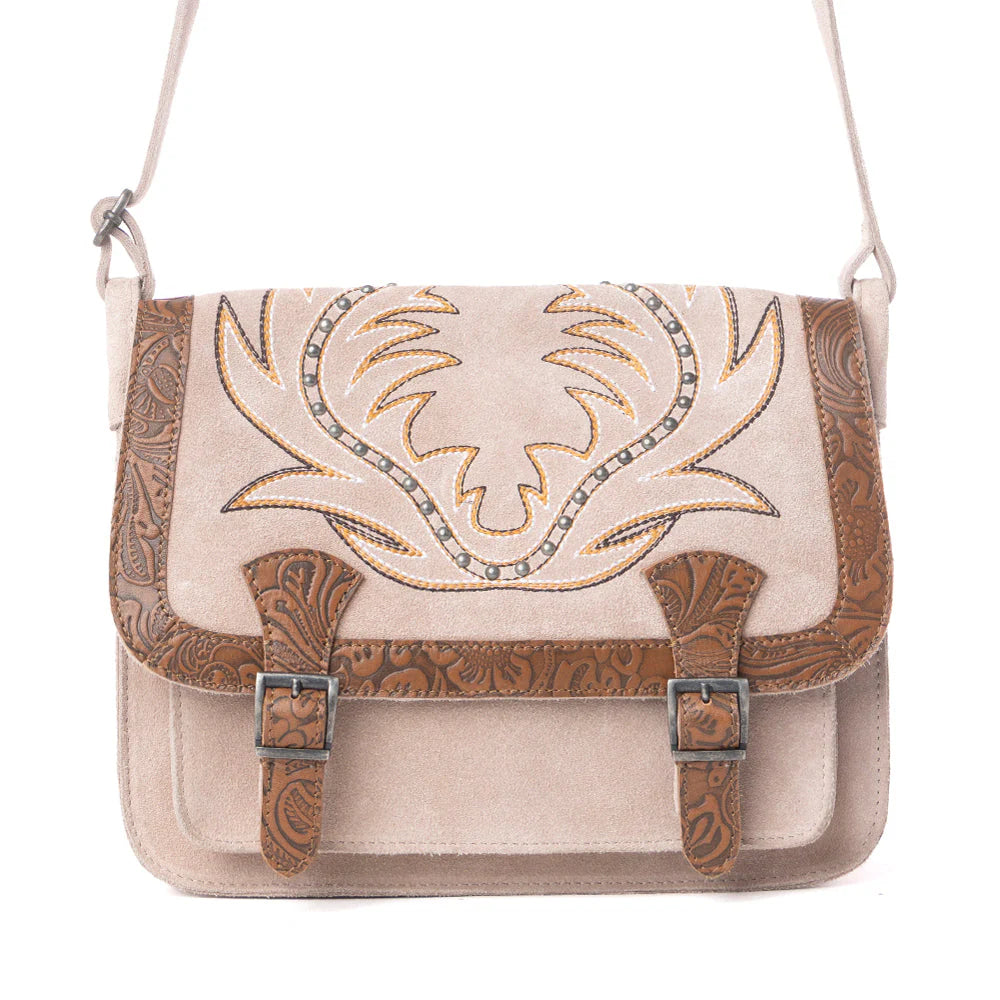 Myra Amberwood Suede Leather Boot Embroidered Leather Bag in Amber