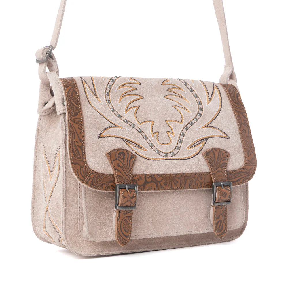 Myra Amberwood Suede Leather Boot Embroidered Leather Bag in Amber