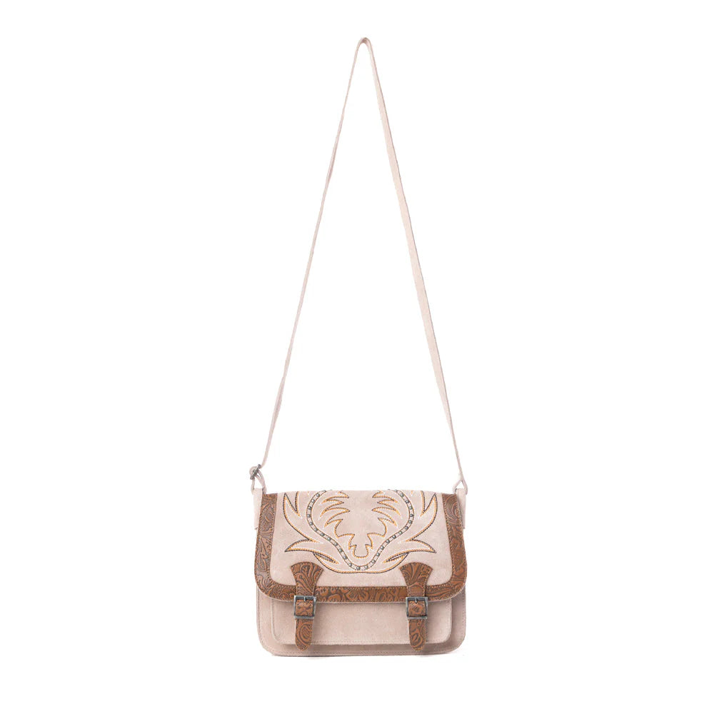 Small crossbody bag with a decorative design on a white background