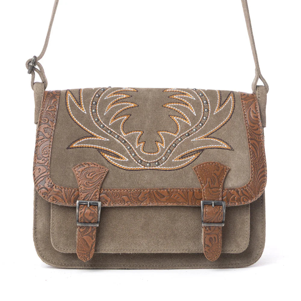 Myra Amberwood Suede Leather Boot Embroidered Bag in Olive Taupe