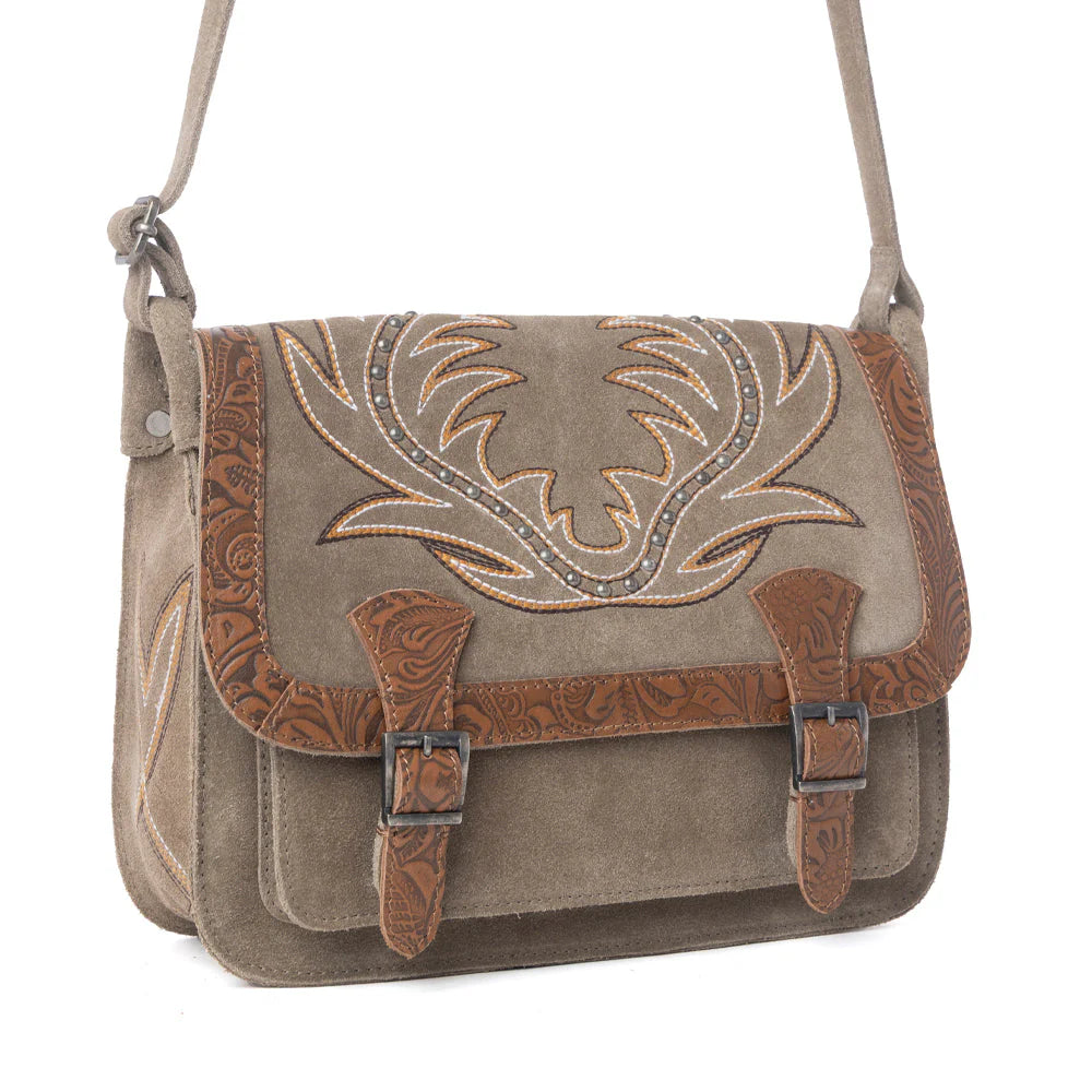 Myra Amberwood Suede Leather Boot Embroidered Bag in Olive Taupe
