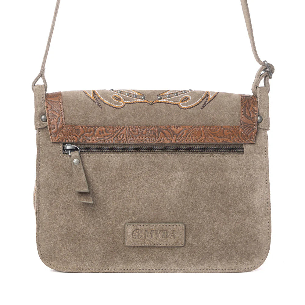 Myra Amberwood Suede Leather Boot Embroidered Bag in Olive Taupe